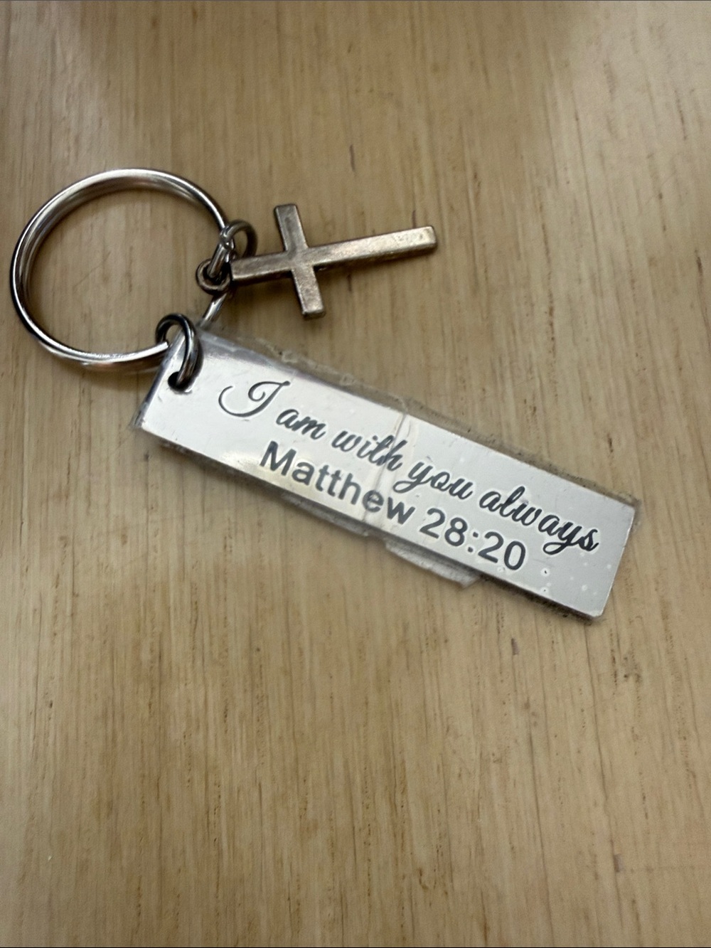 Silver Religious Cross Keychain with Engraved Matthew 28:20 Tag
